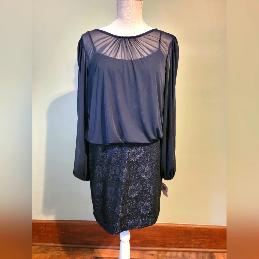 Xscape Dark Navy Size 10 Party Formal Holiday Dress Sheer Lace  Woman's a8